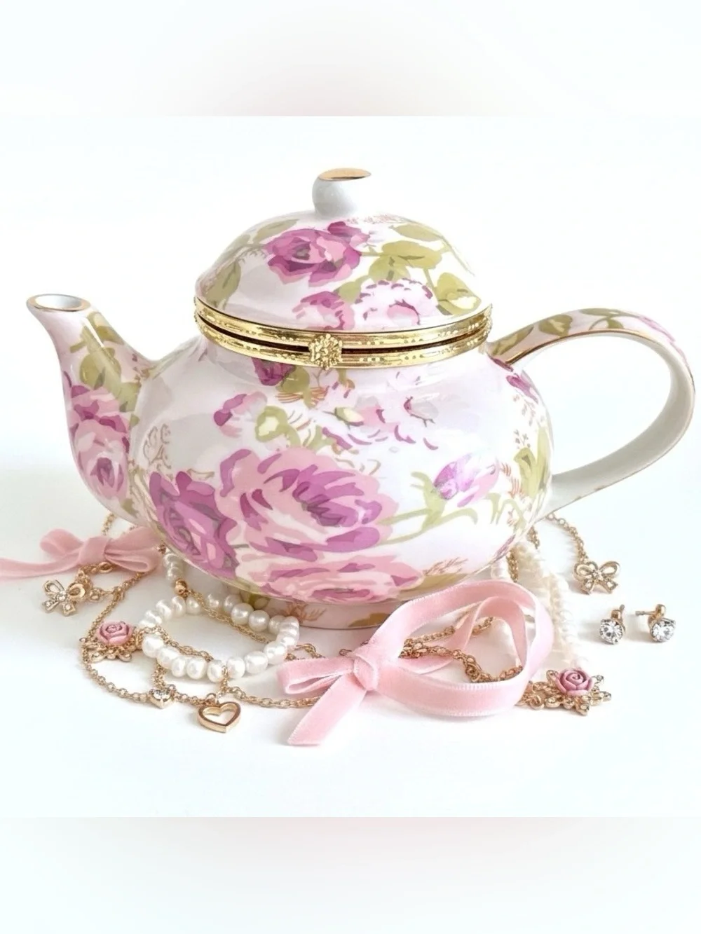 BAUM Asian Rose Collection Hinged Lid Porcelain Teapot Trinket Box Pink Floral